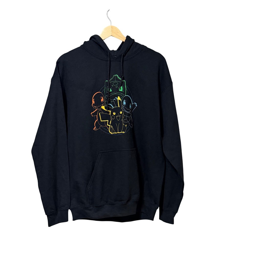 Pokemon Mens M Black Hoodie Pikachu Bulbasaur Charmander Squirtle Neon Graphic